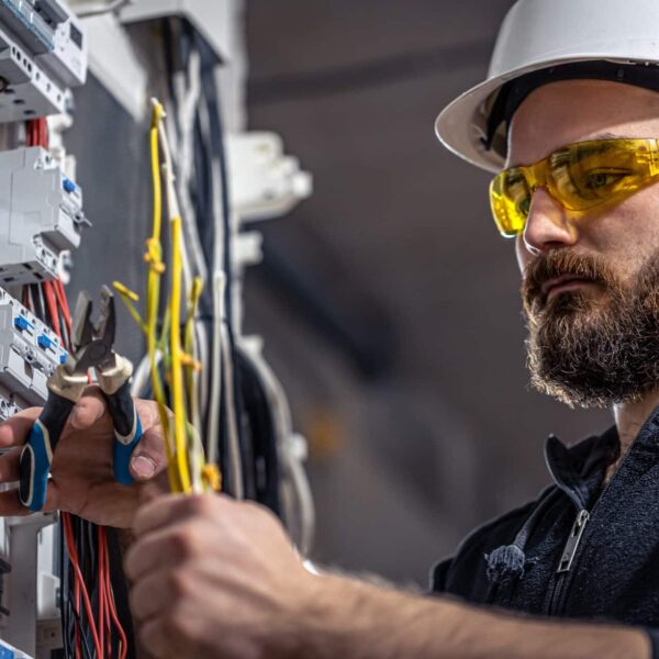 Calble installer evaluating the cables and system in front of him.