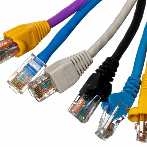 Six Ethernet cables in yellow, purple, gray, black, blue, and yellow lined up side by side with clear connectors and visible wires.