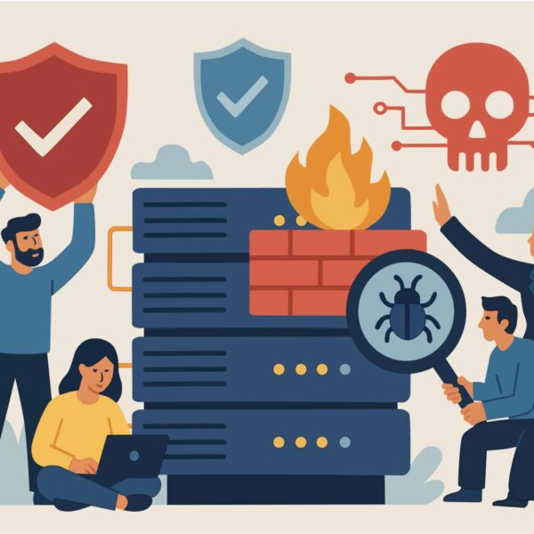 Illustration of people protecting servers: one holds a shield, another uses a laptop, one inspects bugs, and a woman points at a skull. A firewall with a flame icon is on the servers.