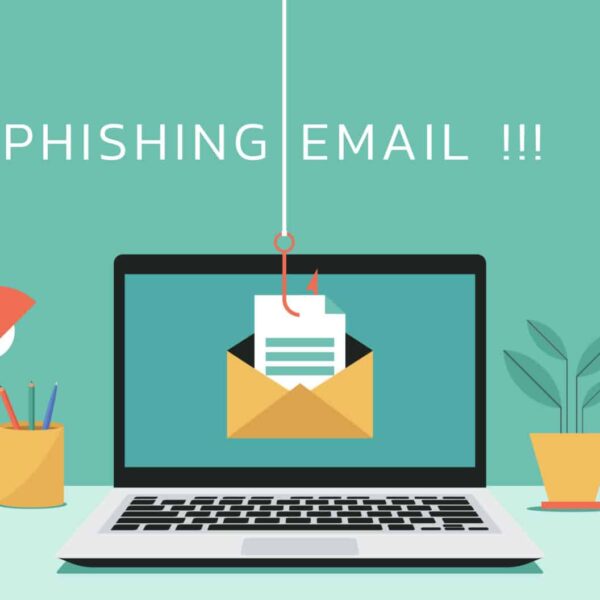 Illustration of a laptop on a desk with an email envelop icon on the screen. There is a line with a hook dropped from the ceiling, with the hook through the envelope to depict a phishing email.