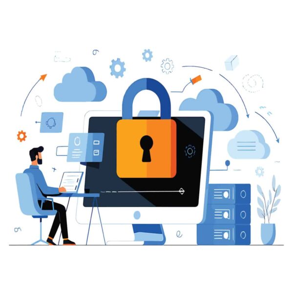 Illustration of a person at a desk using a computer with a large lock and keyhole on screen, symbolizing cybersecurity; clouds and gears in background.