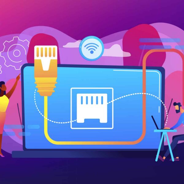 Woman and man plugging a large Ethernet cable into a laptop with gears and Wi-Fi icons on a colorful background, symbolizing connectivity.