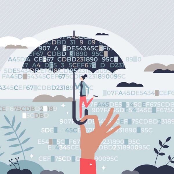 A large hand holds an umbrella over a small suited figure, shielding them from raining codes. Clouds and plants are in the background. Signifies Cyber Insurance.