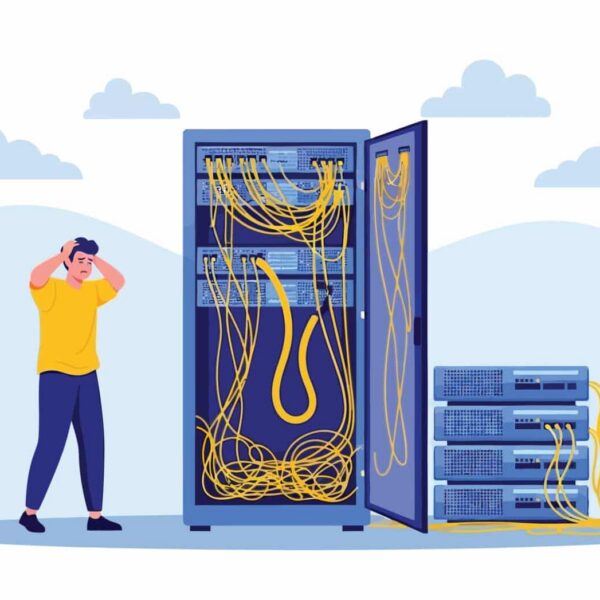 A worried person stands by a server rack with tangled cables and more equipment on the ground, against a light blue background. Signifies poor network cabling installation.