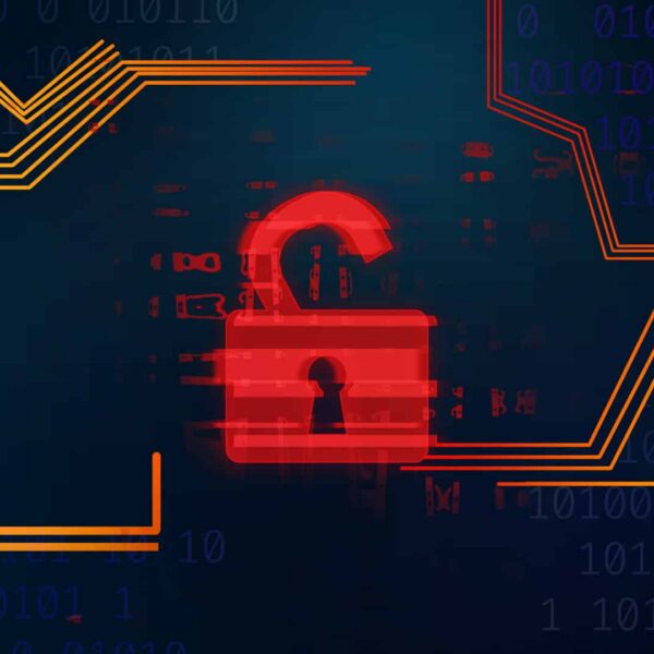 A glowing red unlocked padlock at center, digital circuit lines and binary code around it, symbolizing a cybersecurity breach.