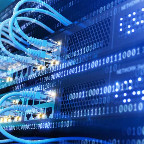 Image of a server with a number of cables attached, all organized well to indicate structured cabling.